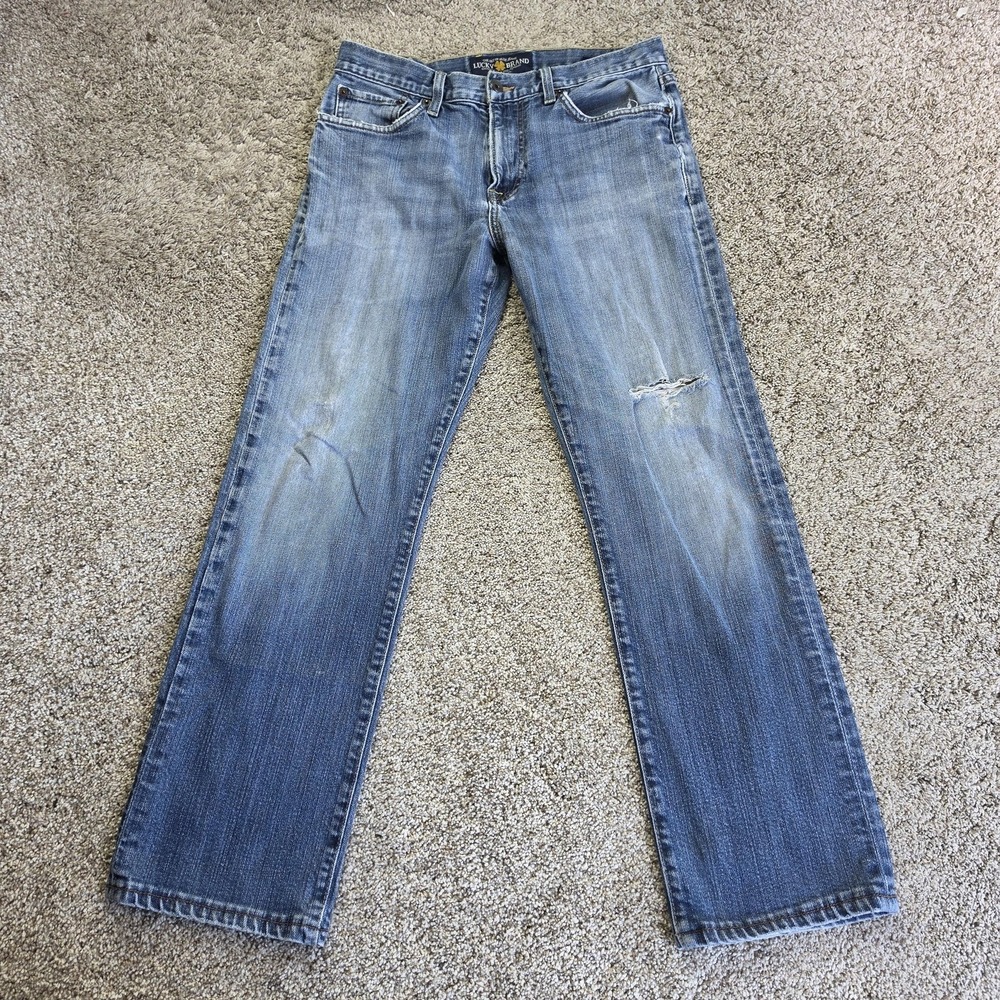 Lucky Brand Jeans Mens 30x32 Blue 329 Classic Straight Wash Distressed Zip Fly